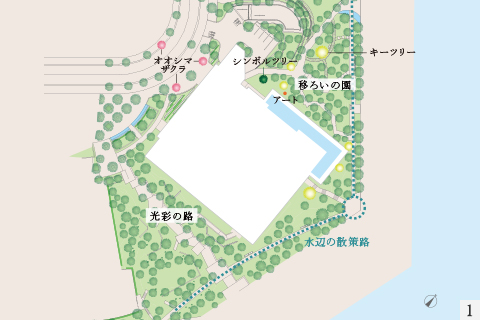 ベイズ タワー＆ガーデン　「ベイズ タワー＆ガーデン」をつつむ緑地のなかでも特徴的なのは、移ろいの園。にぎわう都市空間から落ち着いた住のエリアへ、歩むほどに景色が展開します。道の途中で目を留めるのは、アートやさまざまな樹木。眺める場所によって異なる表情を楽しめるビューガーデンです。