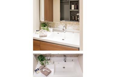 Brillia 品川戸越パークス　Powder Room & Lavatory　洗面・トイレ　偏芯ボウル+2面スライドミラー